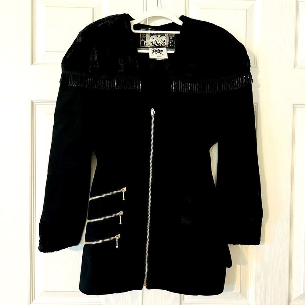 Parasuco Black White Fringe Tassel Lined Western Jacket Coat Large Western Wool